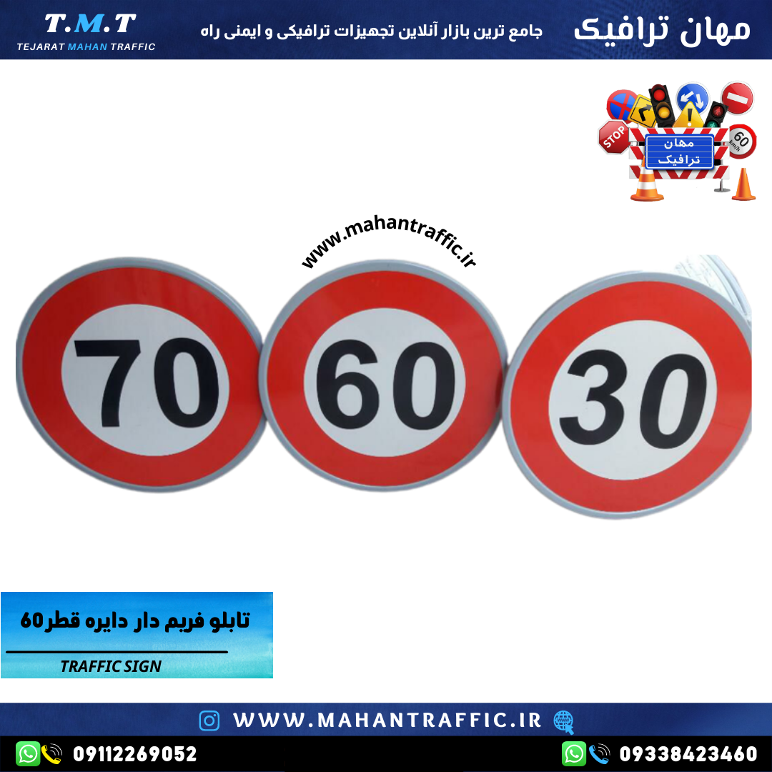 تصویر تابلو سرعت محدود: "تابلو انتظامی دایرهای سرعت محدود با قطر 30 سانتیمتر و رنگ کورهای مقاوم."