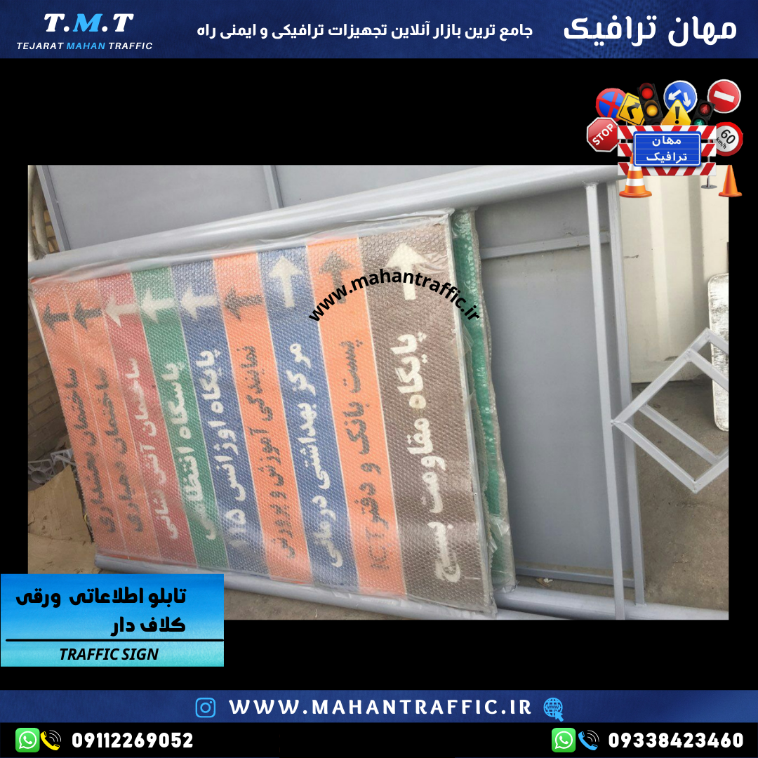  تصویر انواع مدل‌های تابلو اطلاعاتی کلافی: "تنوع مدل‌ها و ابعاد تابلو اطلاعاتی کلافی مهان ترافیک برای کاربردهای مختلف." 