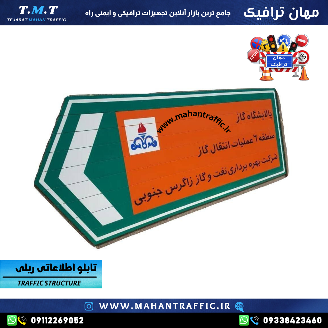  تصویر تابلو اطلاعاتی ریلی نصب‌شده در بزرگراه: "تابلو اطلاعاتی ریلی مهان ترافیک با طراحی سفارشی، مناسب برای نمایش مسیرهای 