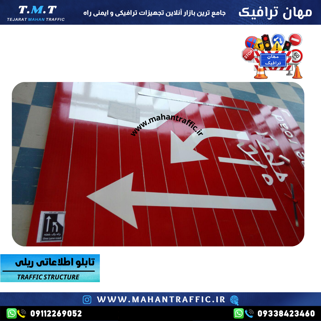  تصویر انواع مدل‌های تابلو اطلاعاتی ریلی: "تنوع مدل‌ها و ابعاد تابلو اطلاعاتی ریلی مهان ترافیک برای کاربردهای مختلف." 