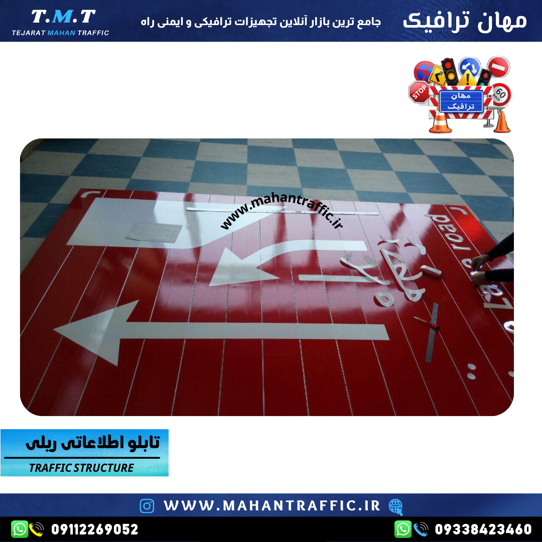  تصویر انواع مدل‌های تابلو اطلاعاتی ریلی: "تنوع مدل‌ها و ابعاد تابلو اطلاعاتی ریلی مهان ترافیک برای کاربردهای مختلف." 